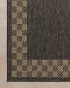 Charcoal grey and tan bordered outdoor rug in modern patio seating area