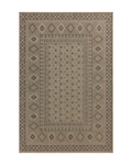 Beige geometric patterned rug with diamond motifs and decorative borders