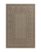Beige geometric patterned rug with diamond motifs and decorative borders