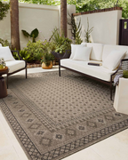 Beige geometric patterned rug with diamond motifs and decorative borders