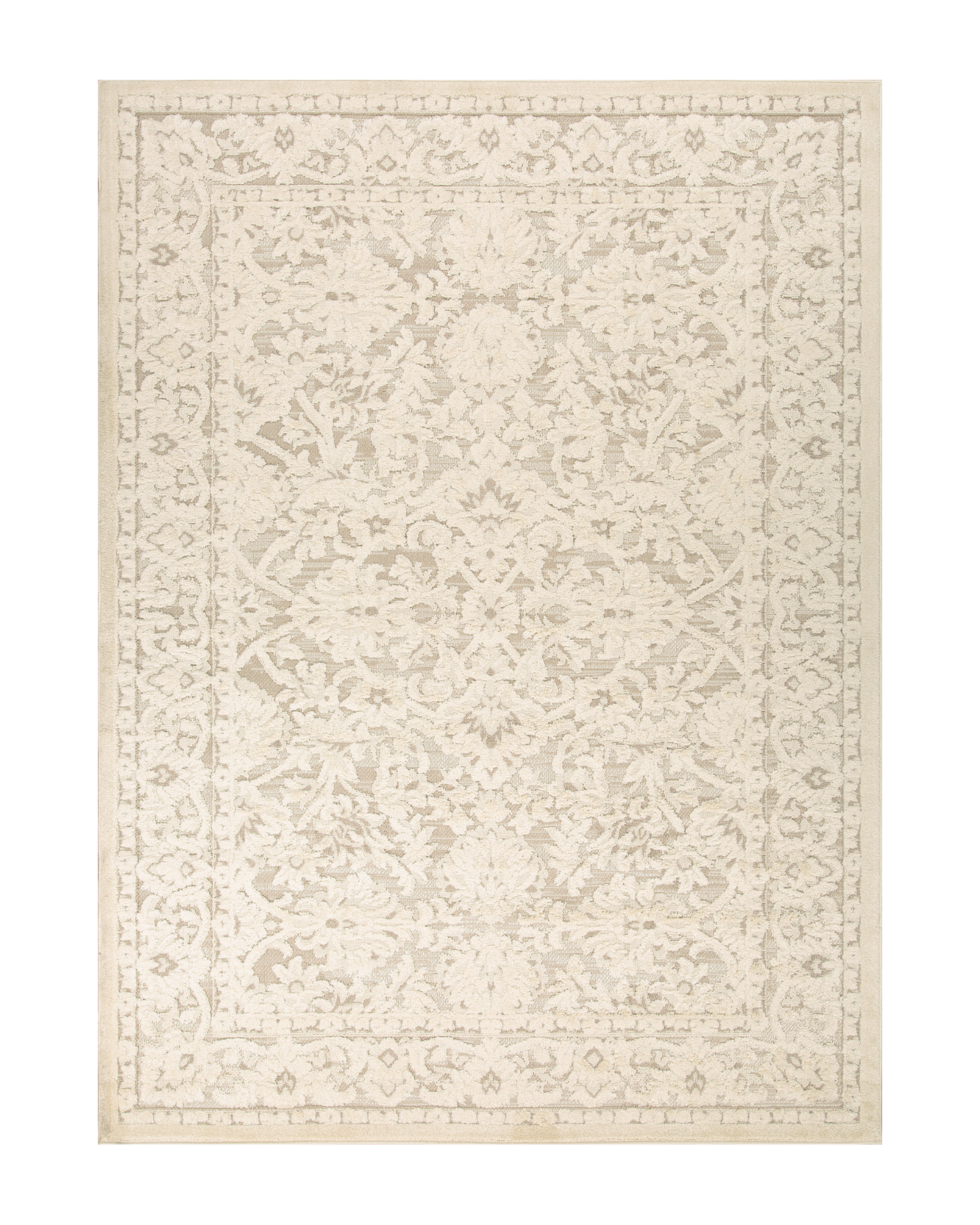 Cream and taupe traditional floral patterned area rug with ornate border