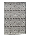 Gray geometric diamond pattern area rug with tribal motifs and striped borders