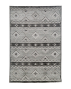 Gray geometric diamond pattern area rug with tribal motifs and striped borders