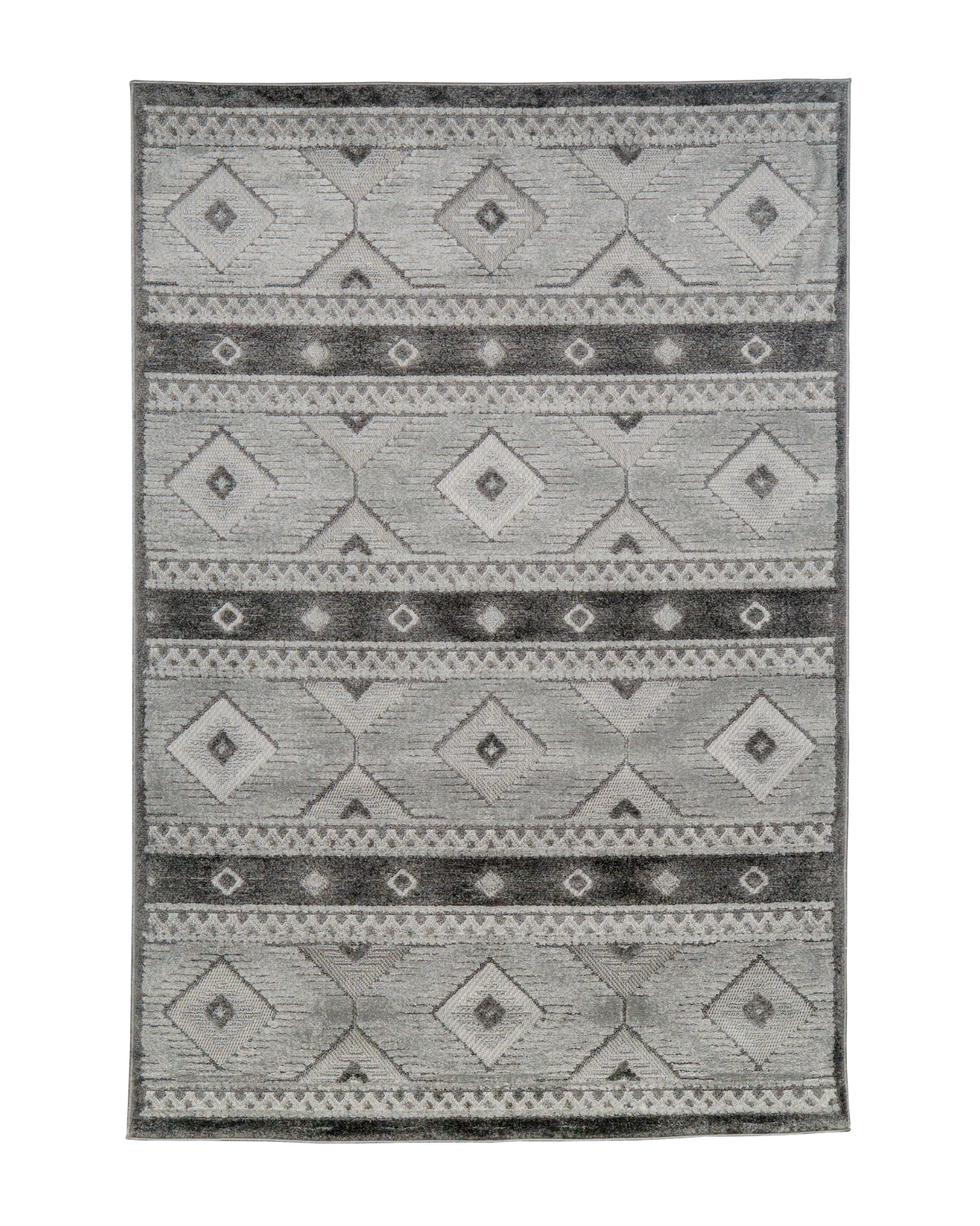 Gray geometric diamond pattern area rug with tribal motifs and striped borders