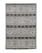 Gray geometric diamond pattern area rug with tribal motifs and striped borders