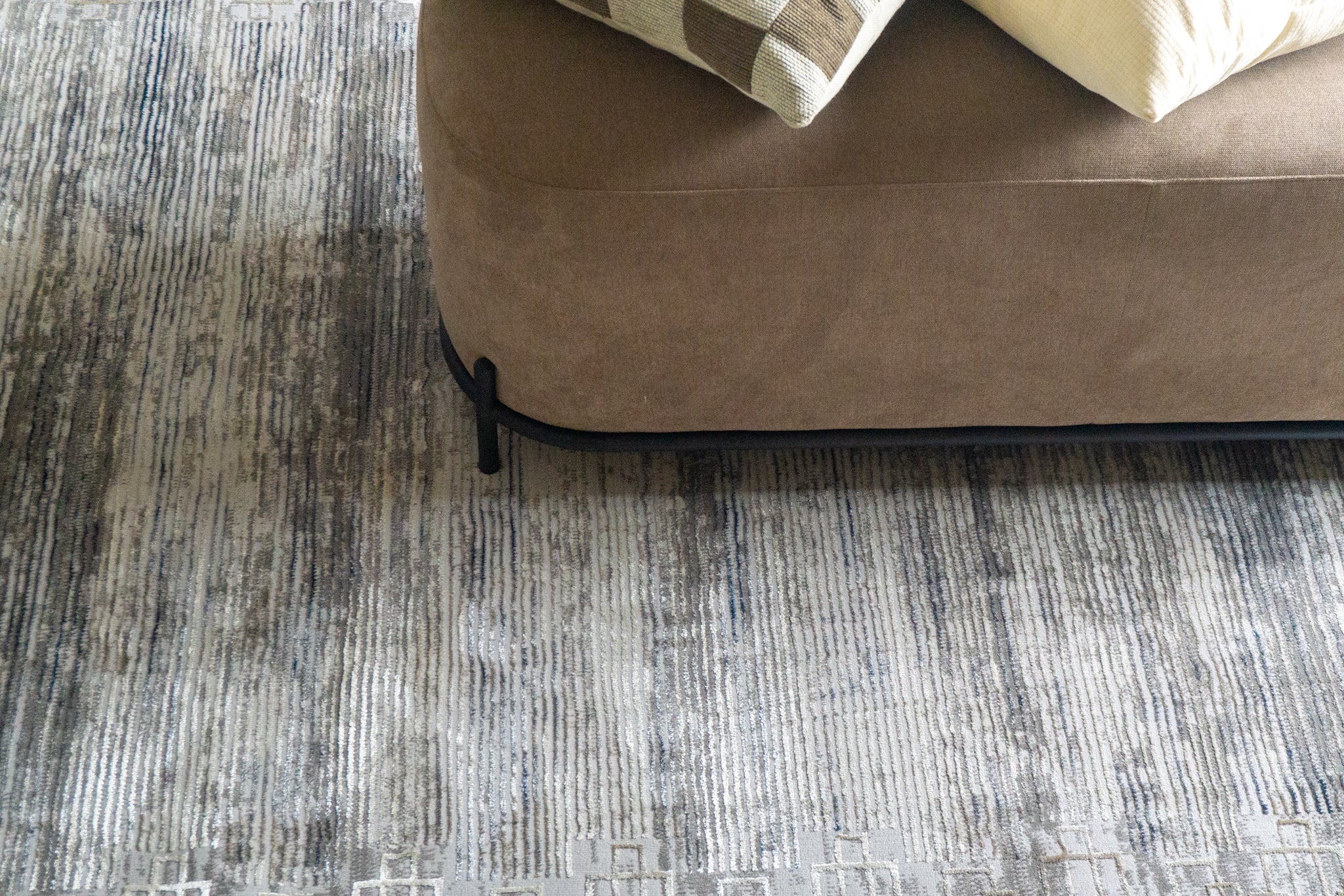 Modern striped area rug in grey, blue and cream with textured woven pattern
