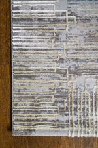 Modern striped area rug in grey, blue and cream with textured woven pattern