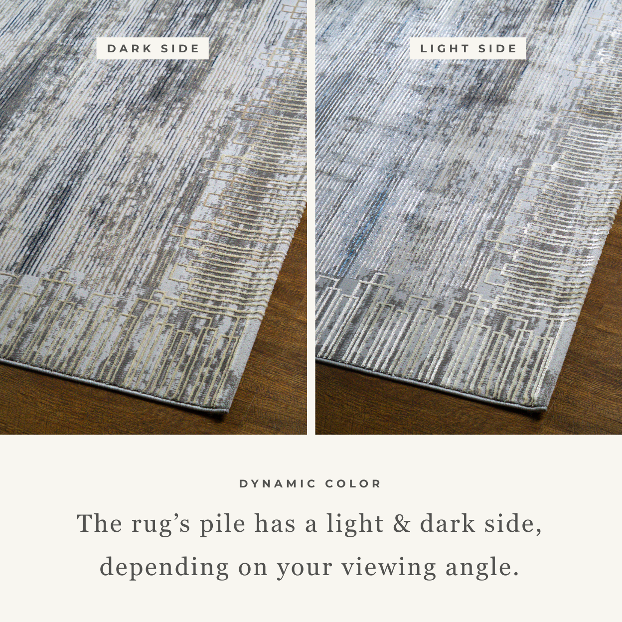 Modern striped area rug in grey, blue and cream with textured woven pattern