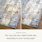 Abstract distressed rug with grey, gold, and cream tones in modern style