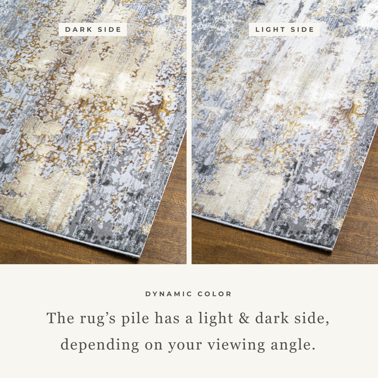 Abstract distressed rug with grey, gold, and cream tones in modern style