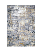 Abstract distressed rug with grey, gold, and cream tones in modern style