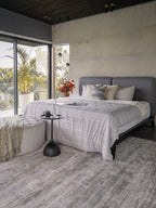 Modern striped area rug in grey, blue and cream with textured woven pattern