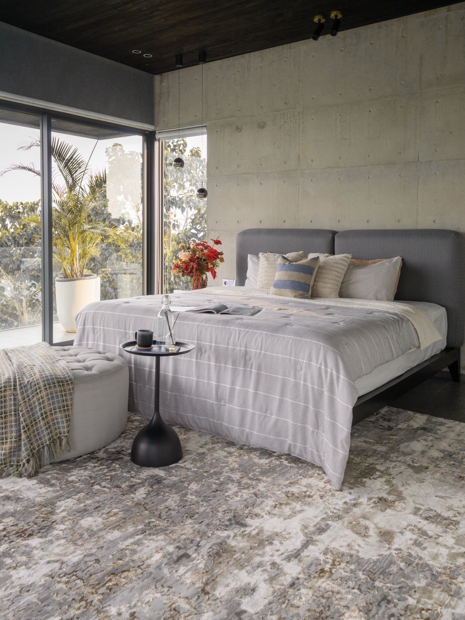 Abstract distressed rug with grey, gold, and cream tones in modern style
