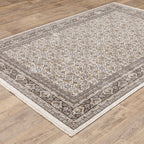 Traditional ornate rug with cream and brown geometric floral border pattern