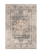 Beige and grey traditional rug with ornate floral medallion pattern throughout