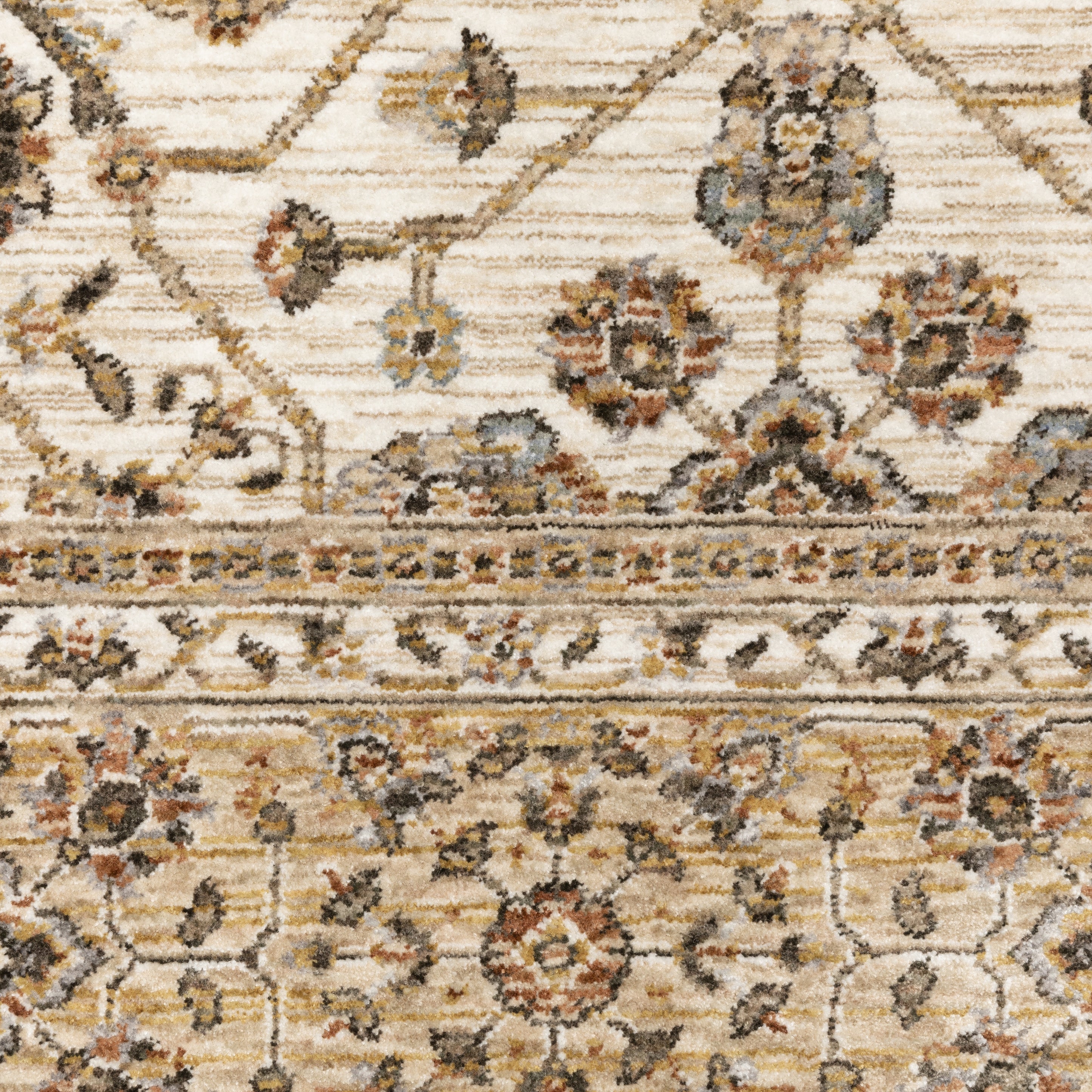 Cream and gold traditional rug with ornate floral patterns and decorative border
