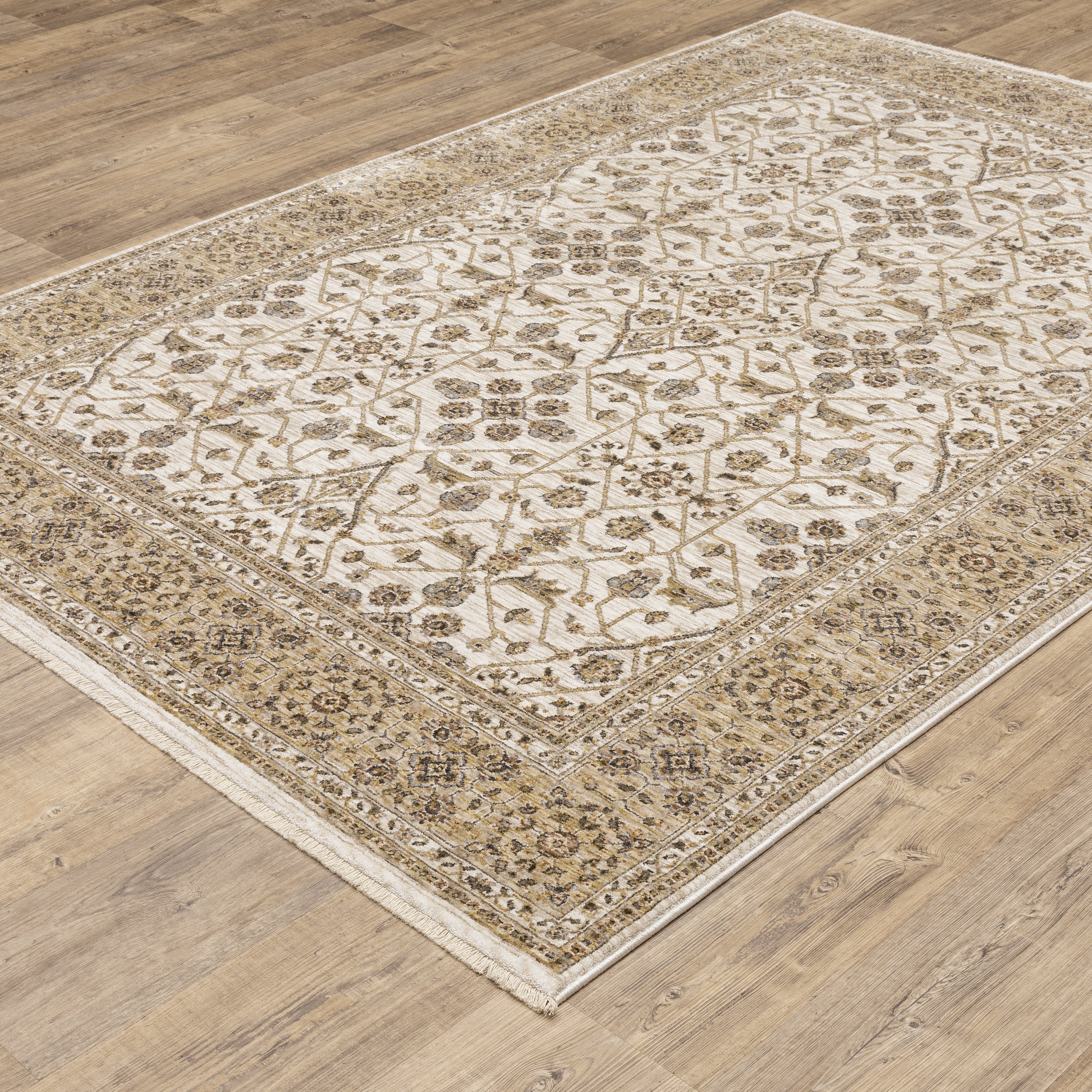 Cream and gold traditional rug with ornate floral patterns and decorative border