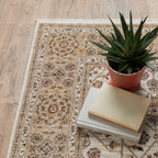 Cream and gold traditional rug with ornate floral patterns and decorative border