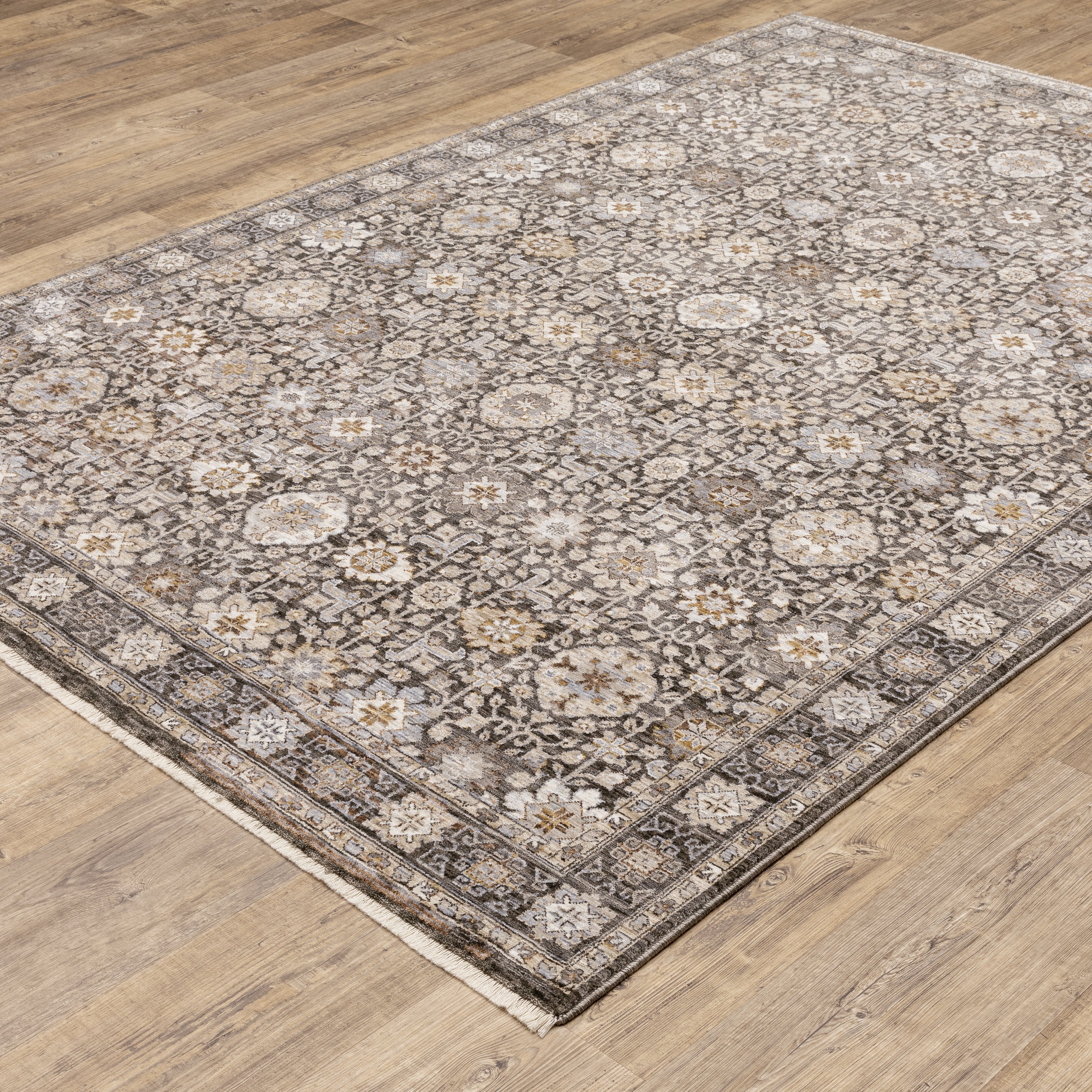 Vintage-style area rug with intricate geometric patterns in beige, taupe and cream tones