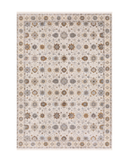 Beige and grey traditional rug with ornate floral medallion pattern throughout