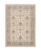 Beige and grey traditional rug with ornate floral medallion pattern throughout