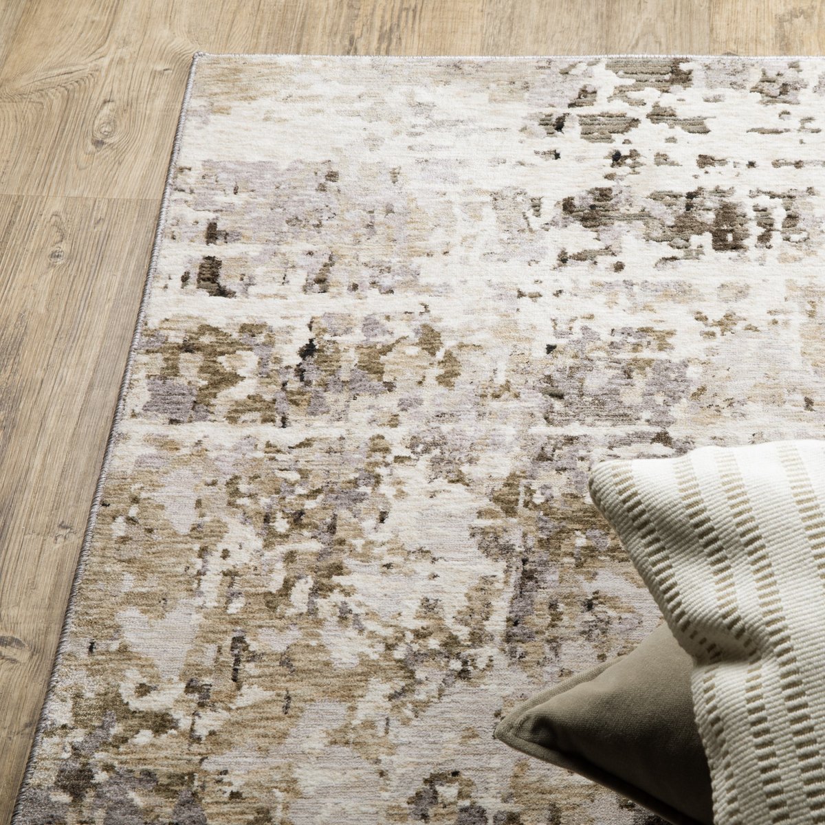 Modern distressed area rug with grey and cream abstract texture pattern