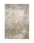 Distressed beige and tan vintage-style area rug with faded ornamental pattern