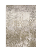 Distressed beige and tan vintage-style area rug with faded ornamental pattern