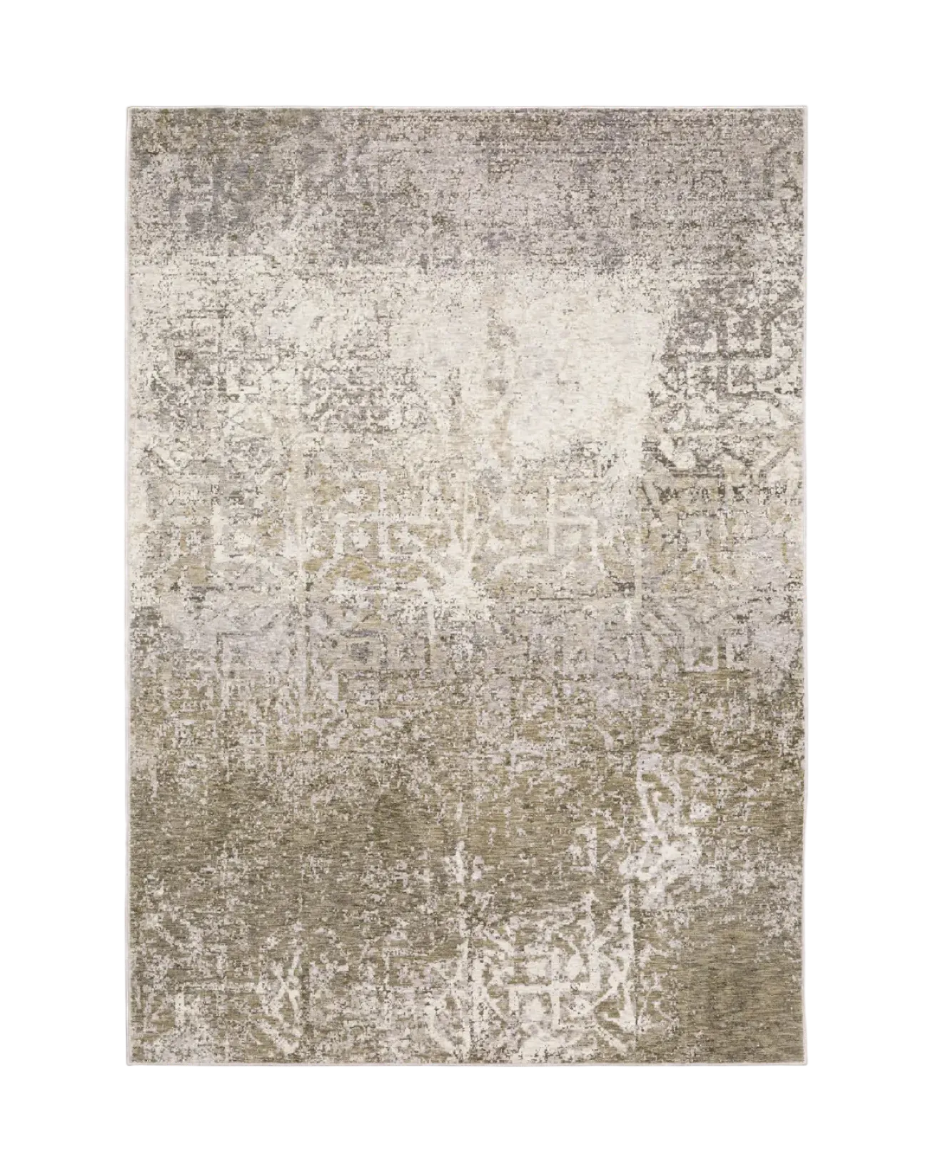 Distressed beige and tan vintage-style area rug with faded ornamental pattern