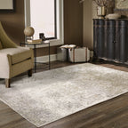 Distressed beige and tan vintage-style area rug with faded ornamental pattern