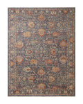 Vintage-style area rug with ornate floral medallions in blue, rust, and gold tones