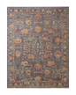 Vintage-style area rug with ornate floral medallions in blue, rust, and gold tones