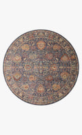 Vintage-style area rug with ornate floral medallions in blue, rust, and gold tones