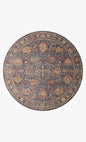 Vintage-style area rug with ornate floral medallions in blue, rust, and gold tones