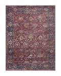 Burgundy distressed rug with ornate floral patterns in cream and rust tones