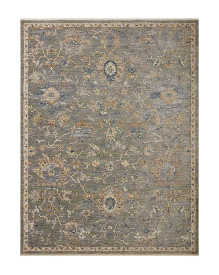 Gray traditional rug with floral botanical pattern and cream border