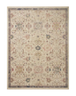 Vintage-style area rug with cream base, intricate geometric and floral patterns in rust and blue tones