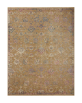 Vintage-inspired area rug with warm tan, blue, and purple tones in traditional pattern