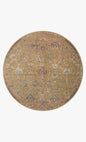 Vintage-inspired area rug with warm tan, blue, and purple tones in traditional pattern