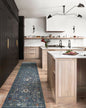 Blue vintage-style rug with floral motifs and ornate border design