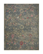 Vintage-style rug with blue-gray base and faded floral pattern in cream and red tones