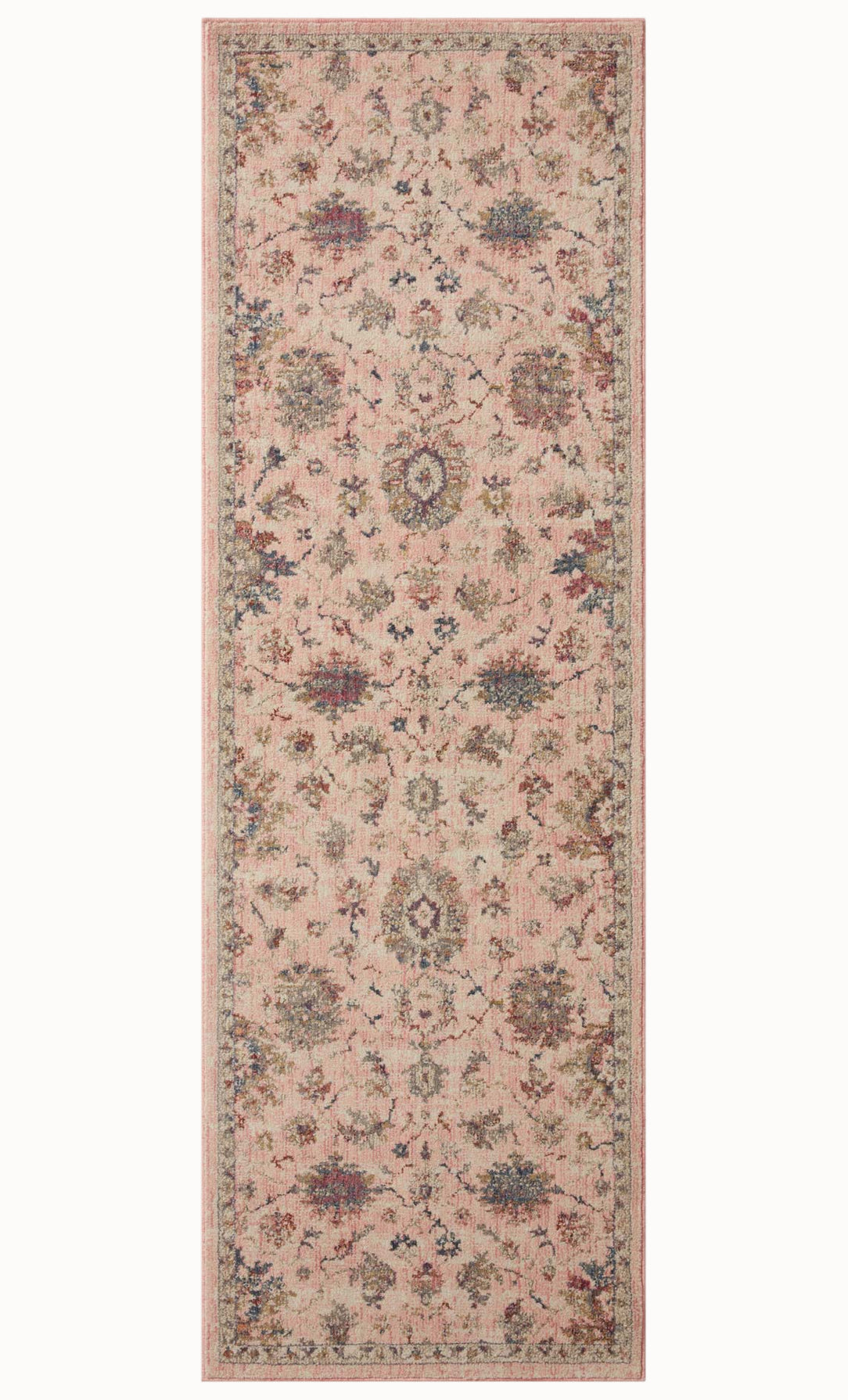 Blush pink traditional rug with intricate floral motifs and ornate border design