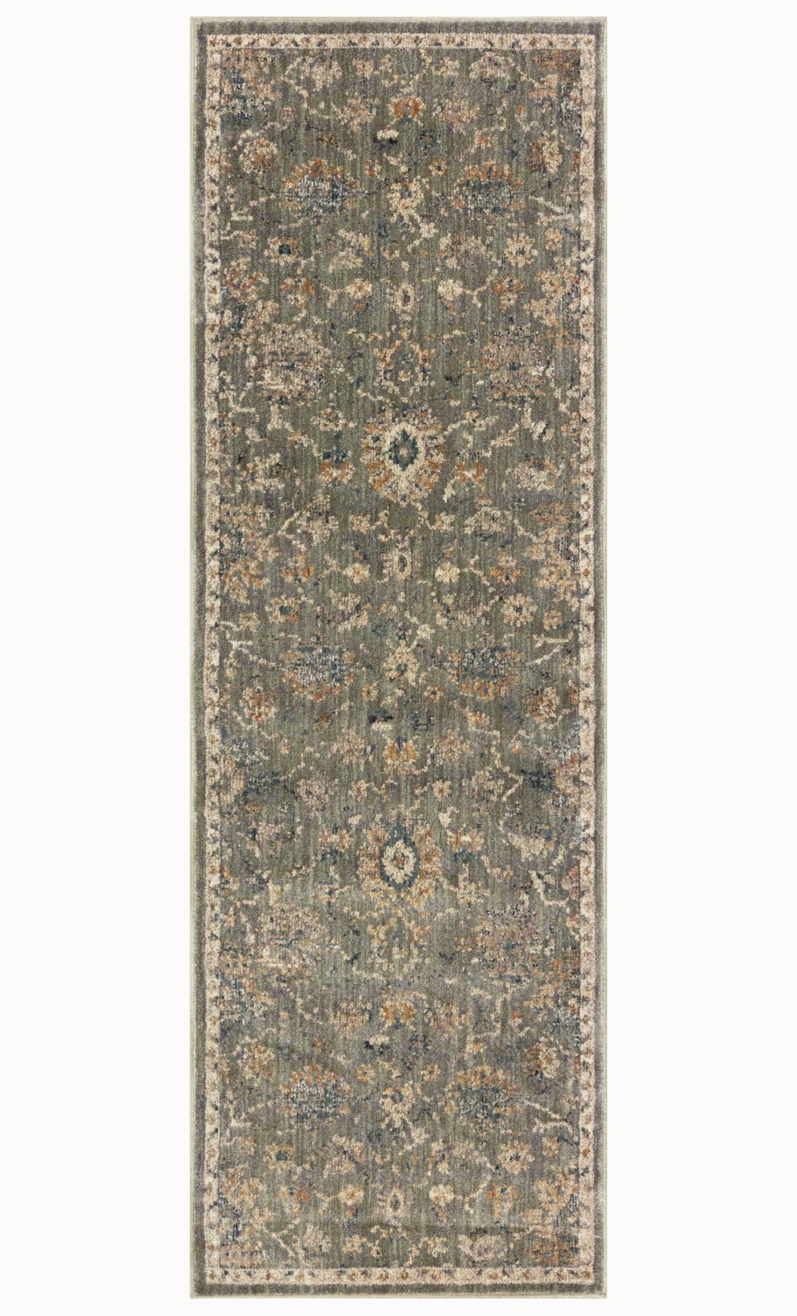 Gray traditional rug with floral botanical pattern and cream border