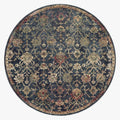 Dark blue traditional rug with ornate floral damask pattern in cream and rose tones