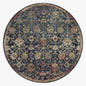Dark blue traditional rug with ornate floral damask pattern in cream and rose tones