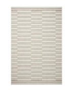 Beige and taupe striped area rug with geometric block pattern design