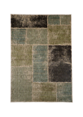 Modern geometric patchwork rug in green, black, and neutral tones with textured weave