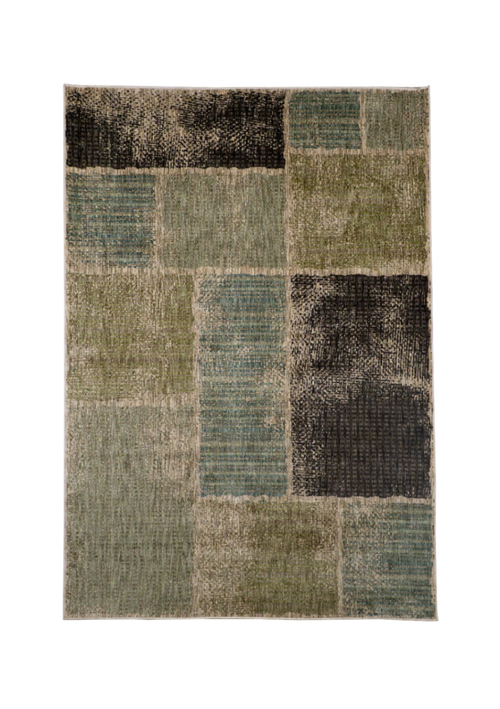 Modern geometric patchwork rug in green, black, and neutral tones with textured weave