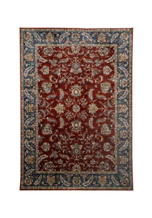 Red traditional rug with ornate floral patterns and blue border design