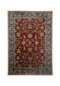 Red traditional rug with ornate floral patterns and blue border design
